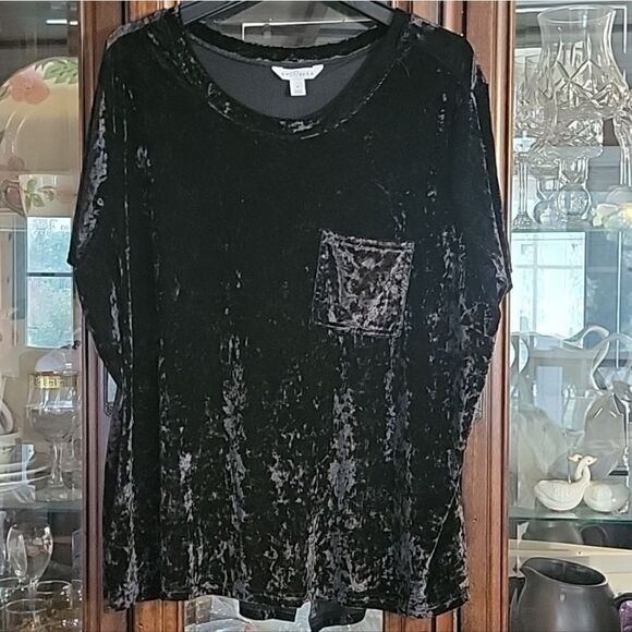 NWOT Boutique Black Velvet slit Back shirt - Picture 1 of 11